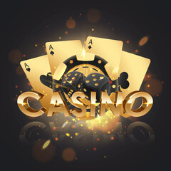 Golden logo casino with golden poker chips, token, black dices and gold playing cards with reflection and lights. Concept for game design. Vector illustration.
