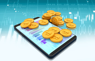 Bitcoins with smartphone on stock market graph background. 3d illustration.