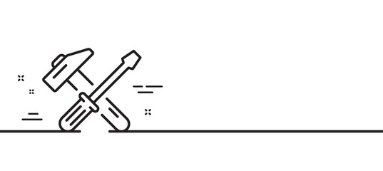 Hammer and screwdriver line icon. Repair service sign. Fix instruments symbol. Minimal line illustration background. Hammer tool line icon pattern banner. White web template concept. Vector