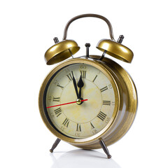 golden colored old style alarm clock isolated on white background. countdown to midnight, noon, new...