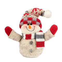 Smiling handmade snowman toy dressed in scarf and cap isolated on white background. symbol of Christmas and New year