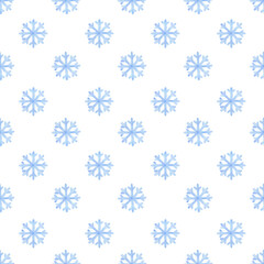 Fototapeta na wymiar Seamless pattern with watercolor snowflakes of blue color. White background with small snow figures. Winter sample polka dot ornament for fabric, textiles, wallpaper, packaging, print