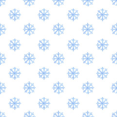 Seamless pattern with watercolor snowflakes of blue color. White background with small snow figures. Winter sample polka dot ornament for fabric, textiles, wallpaper, packaging, print