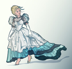 Cinderella. Beautiful princess in ball gown and tiara loosing shoe. Fairytale character. Vector illustration