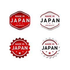 Made in Japan Label Sticker. For commercial product emblem. With star symbol and national flag of Japan. On red and white color. Premium and luxury vector illustration design