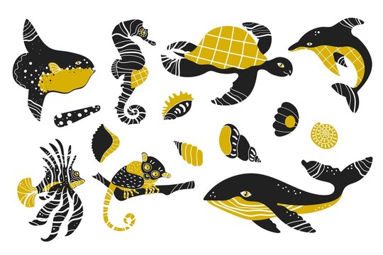 Sea life set with different animals. Isolated on white background. While, turtle, lion fish, moonfish, seahorse, shells. Cartoon funny style. Vector illustration. Underwater world.