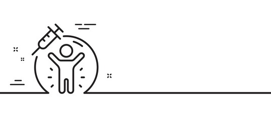 Vaccine protection line icon. Vaccination syringe sign. Jabbed people symbol. Minimal line illustration background. Vaccine protection line icon pattern banner. White web template concept. Vector