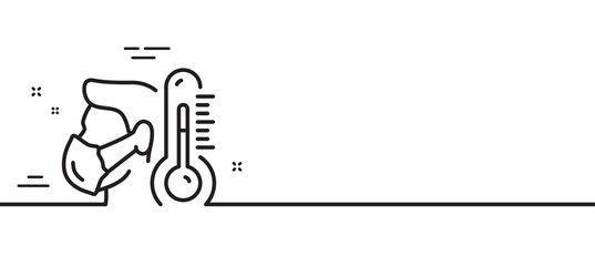 Sick man with mask line icon. Temperature thermometer sign. Flu illness symbol. Minimal line illustration background. Sick man line icon pattern banner. White web template concept. Vector