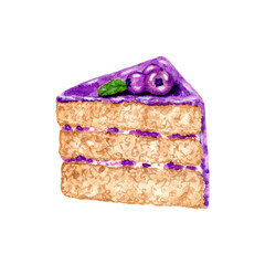 Watercolor piece of cake with blueberry berries. Homemade baking. Cream biscuit. Dessert delicacy for birthday, festivals. Design for menus and packaging, for cookbooks.