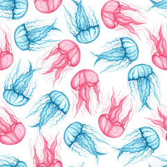 Seamless pattern with blue and pink jellyfish on a white background. Watercolor hand drawn illustration. Sea creatures. For textiles. wallpaper.