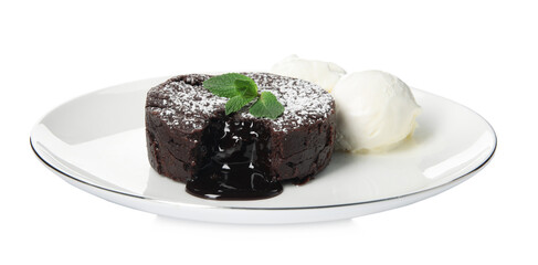 Plate of delicious fresh fondant with hot chocolate, mint and ice cream on white background