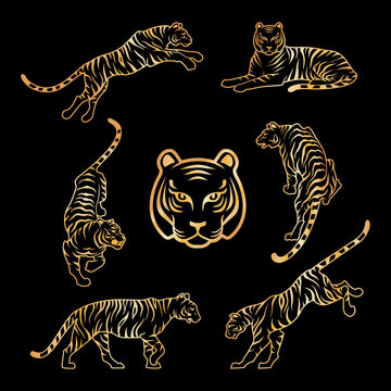Gold Tiger on black background Happy new year china 2022 design vector illustration golden Tigers logotype symbol