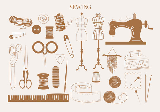 Collection of knitting and sewing icons. Minimalist linear symbol. Perfect for label, sticker, logotype design. Editable Vector Illustration.