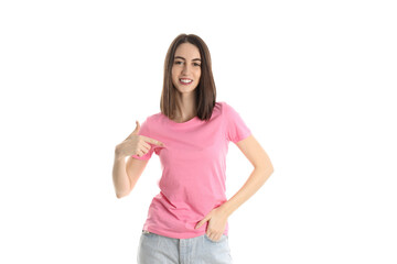 Fototapeta premium Attractive girl in pink t-shirt isolated on white background