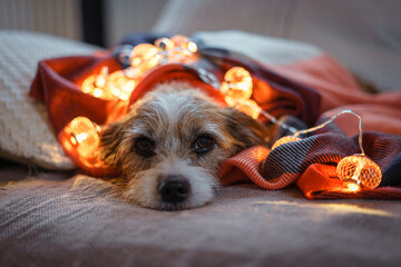 Jack Russel liegt mit einer Lichterkette umwickelt auf einem Sofa. Weihnachten.
