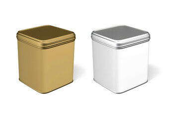 Realistic 3d silver and gold blank metal tea tin can container with cap rectangular or square shape icon set closeup isolated on white background. Design template for graphics. 3d rendering.