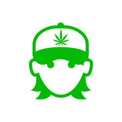 Cannabis shop. Logotipo con silueta de cara de chica con gorra de béisbol con hoja de marihuana estampado en color verde