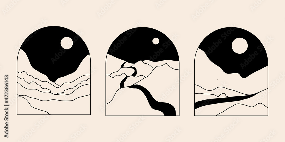 Aufkleber Vector illustration in simple line style - boho abstract print - simple natural landscape with mountains and hills
