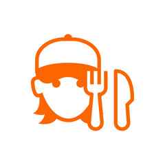 Logotipo empleado restaurante. Banner con cara de chica con gorra de béisbol con cubiertos con líneas en color naranja