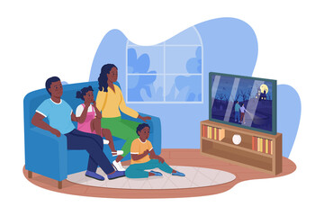 Family movie night on Halloween 2D vector isolated illustration. Parents with children sitting on sofa flat characters on cartoon background. Bonding experience for whole family colourful scene
