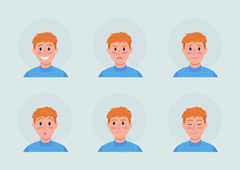 Ginger boy with different emotions semi flat color vector character avatar set. Portrait from front view. Isolated modern cartoon style illustration for graphic design and animation pack