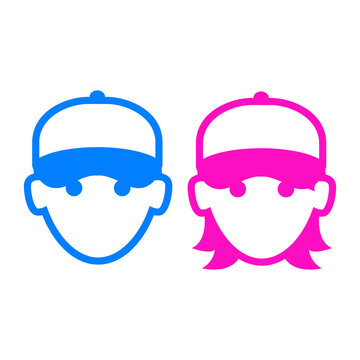 Logotipo con siluetas de cabezas de hombre y mujer con gorras de b&eacute;isbol con l&iacute;neas en color azul y rosa