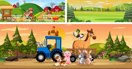 Set of different outdoor landscape scenes with cartoon character