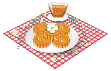 Pile of mooncakes with teacup set on tablecloth