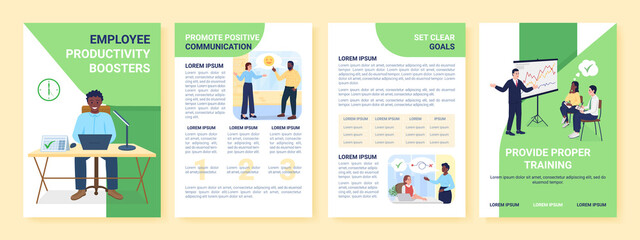 Employee productivity booster flat vector brochure template. Flyer, booklet, printable leaflet design with flat illustrations. Magazine page, cartoon reports, infographic posters with text space