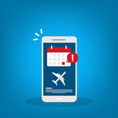 Flight delay info or travel agenda. Online reminder. Important airline airplane departure notification message on mobile phone. `