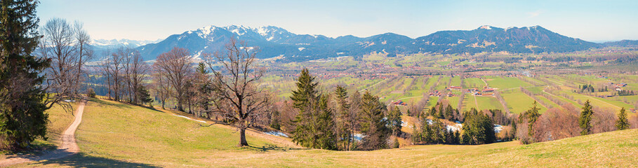 lookout place with view to Bad Tolz and Isar valley, Sunntratn mountain trail upper bavaria, early spring