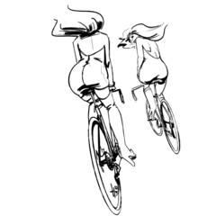 Fashion illustration of two glamourous women chasing each other on vintage racing bicycles. Best friends cycling together, dressed in mini dresses and high boots.