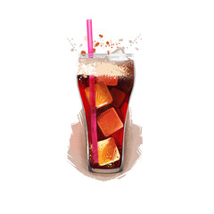 Soda cold drink with ice cubes in glass isolated on white background. Soft drink, street food, take-away, take-out. Fast food hand drawn digital illustration. Graphic clip art design for web, print