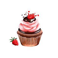 Cupcake with raspberry cream and chocolate, muffin isolated on white background. Street food, take-away, take-out. Fast food hand drawn digital illustration. Graphic clip art design for web, print