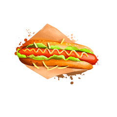 Hot Dog with sausage, mustard sauce in paper wrapping isolated on white background. Street food, take-away, take-out. Fast food hand drawn digital illustration. Graphic clip art design for web, print