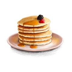 Pancakes with maple sirup and fresh berries isolated on white background. Flapjack Street food, take-away, take-out. Fast food hand drawn digital illustration. Graphic clip art design for web, print