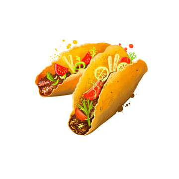 Mexican tacos, taco with beef, vegetables rolled in pita isolated on white background. Street food, take-away, take-out. Fast food hand drawn digital illustration. Graphic clipart design for web print