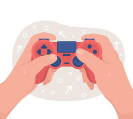 Playing with gamepad 2D vector isolated illustration. Gamer controlling video game. Entertainment flat first view hand on cartoon background. Player with console controller colourful scene © The img