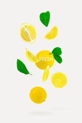 Juicy ripe flying yellow lemons with leaves. Set of falling delicious lemons on white background, citrus minimal concept, vitamin C.