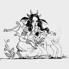a demon girl feeds grass to a goat
