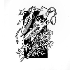 black and white illustration of throwing knives