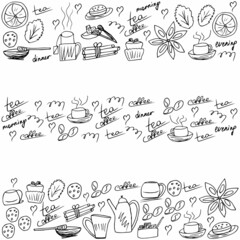 Doodle Draw isolated elements of coffee and tea on a white sheet: a cup of hot coffee, tea poured from a teapot with sugar and cookies with honey and cinnamon with mint. Vector illustration