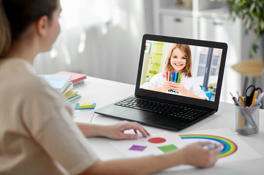 distant education, technology and people concept - female elementary school teacher with laptop computer and picture of geometric shapes having online class with student girl at home