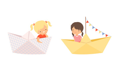 Cute Smiling Kid Sailing on Paper Boat with Flag Garland Vector Set