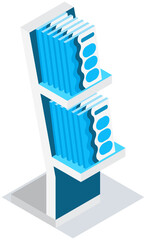 Book shelf with books or brochures, promotional items or samples. Bookstore traiding equipment, exhibition isolated on white. Textbooks and notebooks on showcase of stationery store, printed products