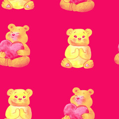 seamless watercolor pattern with bears and hearts romance