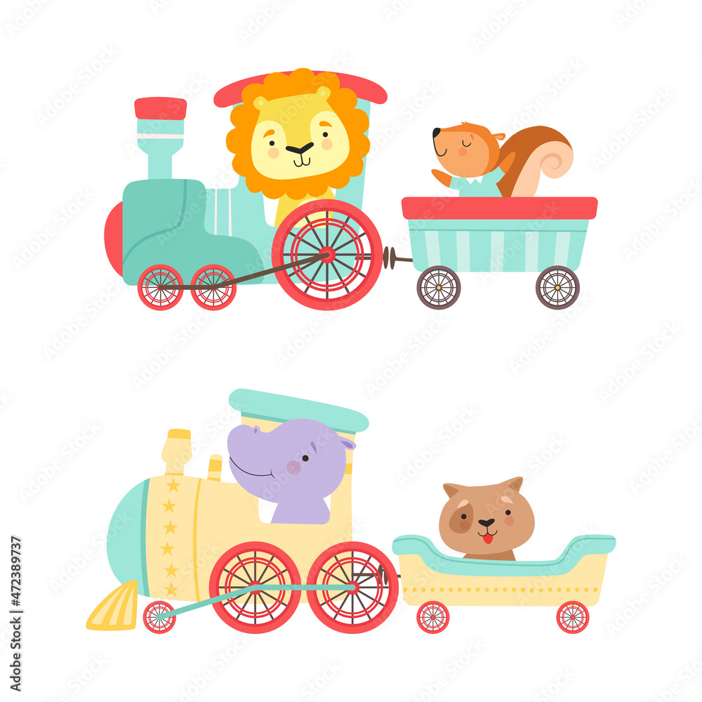 Poster funny animal riding steam train having adventure vector set