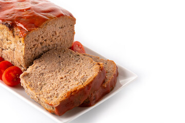 Traditional American meatloaf with ketchup isolated on white background.	