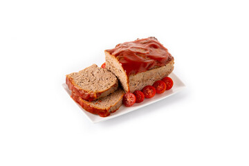 Traditional American meatloaf with ketchup isolated on white background.	