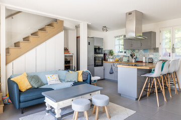 Salon ouvert sur une cuisine américaine avec une décoration scandinave moderne